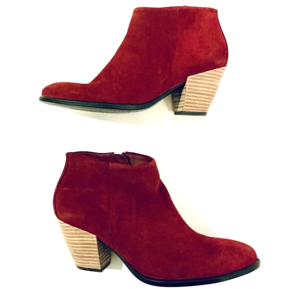 ECCO, Brick Red Suede Booties with Wood Stacked Heel, Size 40 (US 9 - 9.5)
